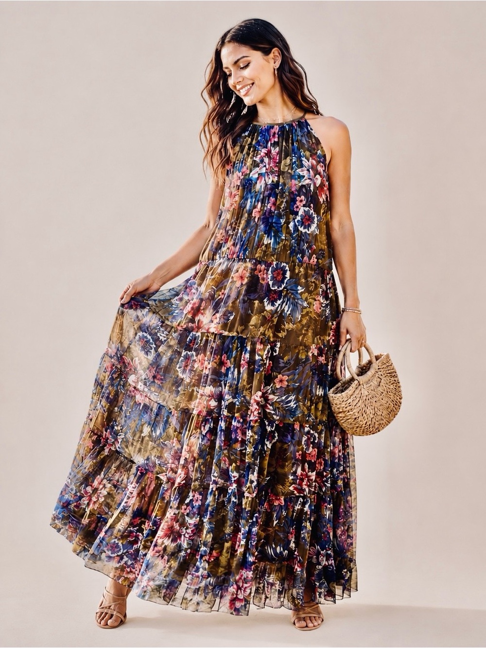 Candalette Petite Floral Mesh Maxi Dress PL Brown Blue Pink Tiered Halter Boho